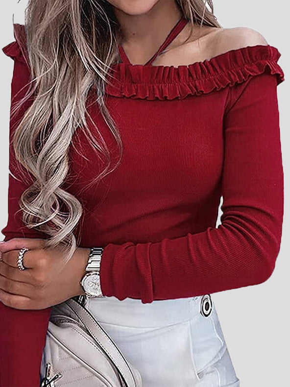 Women's T-Shirts Halter One-Shoulder Long Sleeve T-Shirt