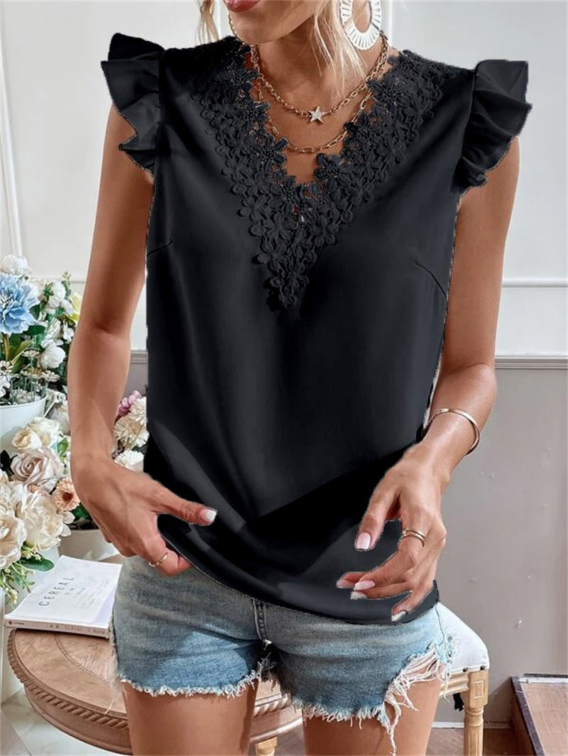 Women's Tank Tops V-Neck Lace Ruffle Sleeve Tank Top