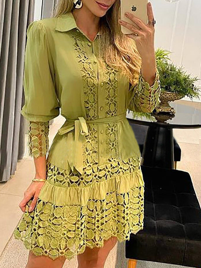 Women's Dresses Lace Hollow Lapel Long Sleeve Dress