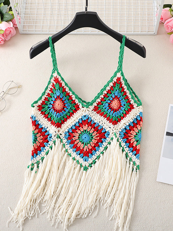 Women's Tank Tops Boho Fringed Suspender Cutout Knit Tank Top