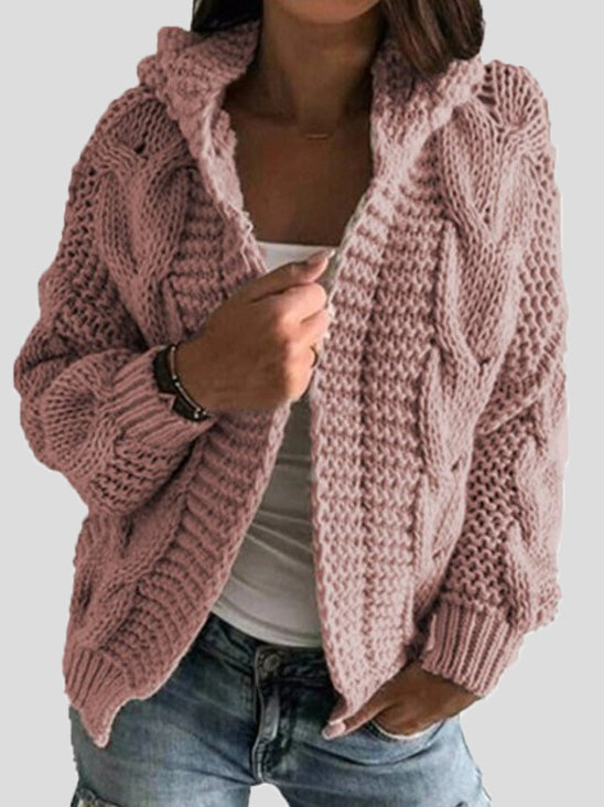 Women's Cardigans Solid Twist Knit Hooded Sweater Cardigan