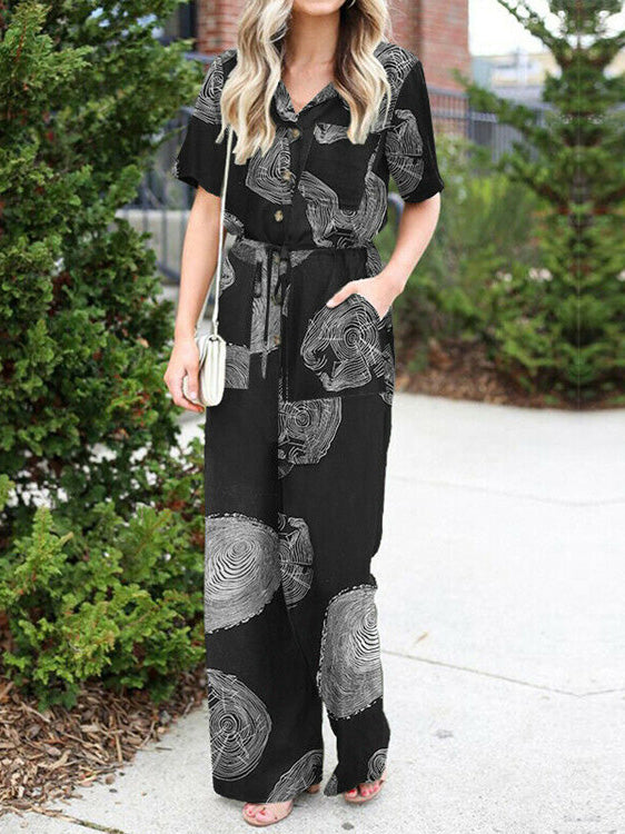 Women's Jumpsuits Printed Button Short Sleeve Shirt Jumpsuit