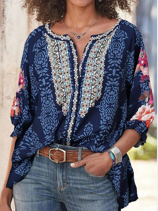 Women's Blouses Loose Vintage Print Long Sleeve Blouses