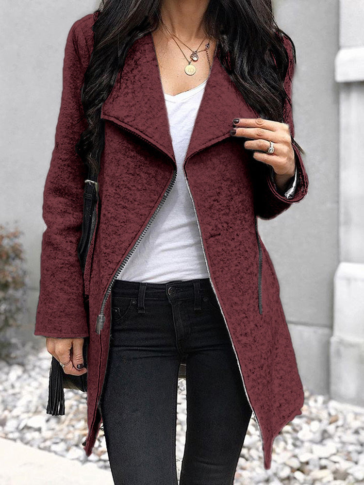 Women's Coats Solid Lapel Zip Long Sleeve Wool Coat