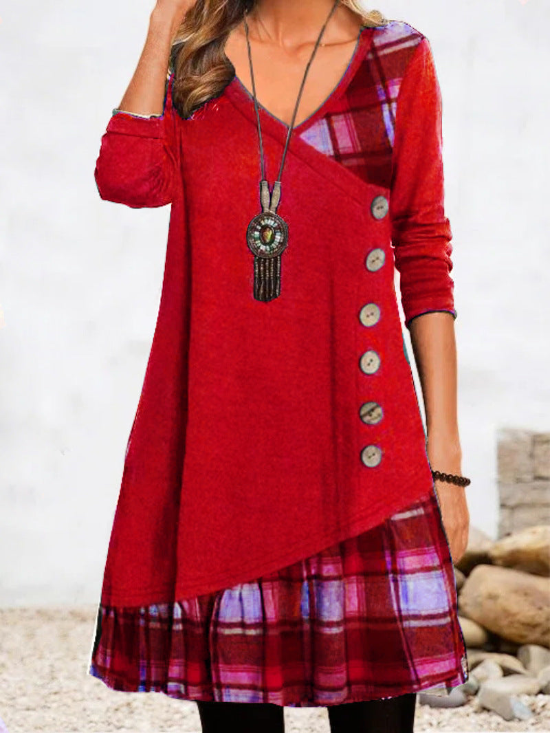 Women's Dresses Casual Check Paneled Button Long Sleeve Dress