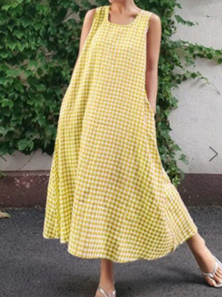 Women's Dresses Loose Check Pocket Sleeveless Maxi Dress