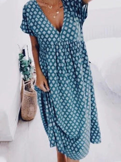 Women's Dresses Loose Print V-Neck Short Sleeve Dress