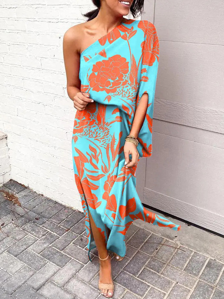 Women's Dresses Slanted Shoulder Print One Sleeve Dress