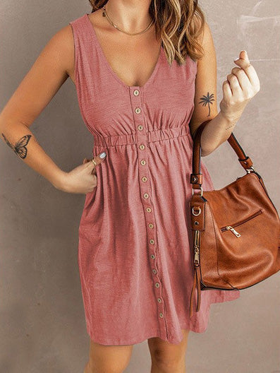 Women's Dresses Solid Button Elastic Waist Sleeveless Dress