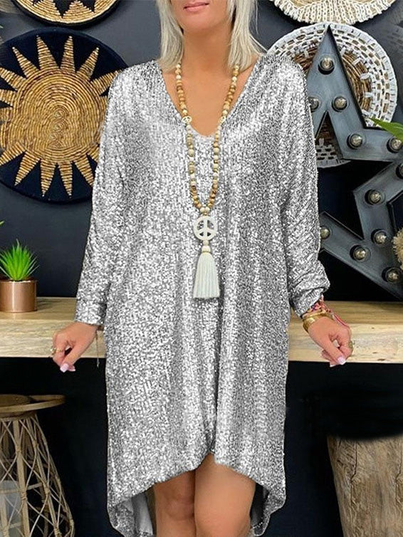 Women's Dresses Loose Sequin V-Neck Long Sleeve Dress