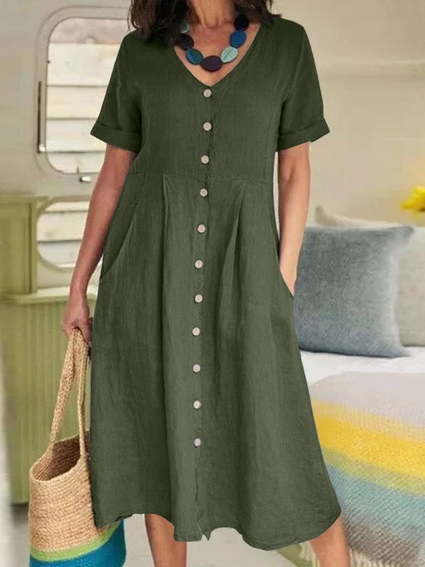 Women's Dresses V-Neck Button Short Sleeve Casual Dress