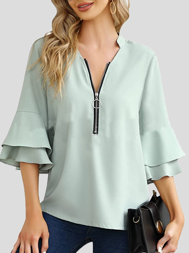 Women's Blouses V-Neck Zip Layered Flare Sleeves Blouse