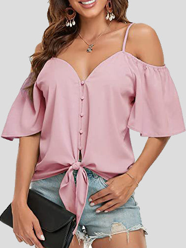 Women's Blouses Sling Single Breasted Knotted Off Shoulder Blouse