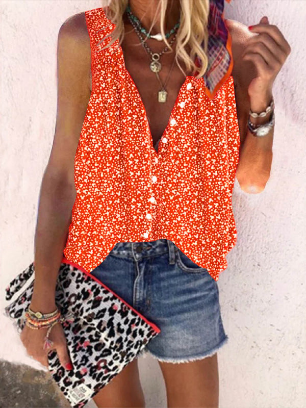 Women's Blouses Loose Print Button Sleeveless Blouse