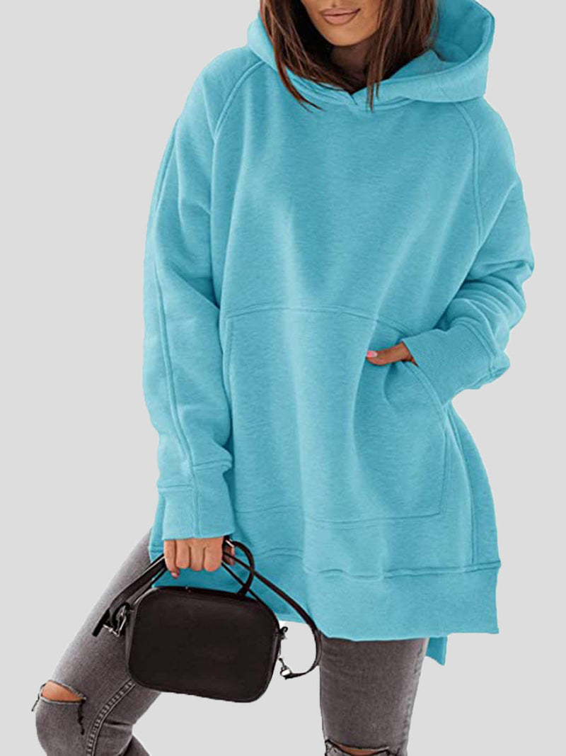 Women's Hoodies Solid Pocket Slit Long Sleeve Hoody