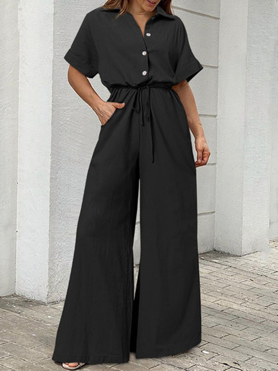 Women's Jumpsuits Lapel Button Short Sleeve Belted Wide Leg Jumpsuit