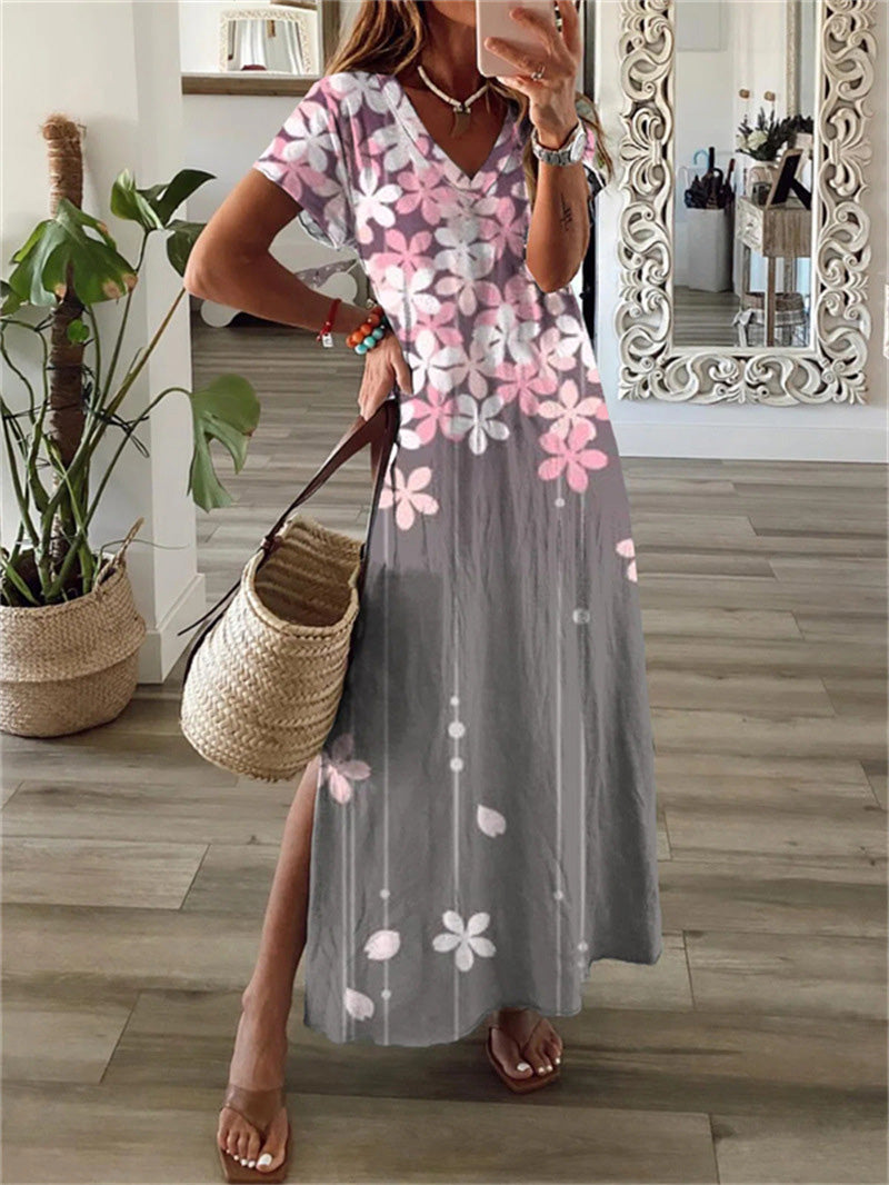 Women's Dresses Printed V-Neck Short Sleeve Slit Dress