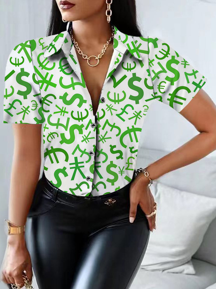 Women's Blouses Printed Lapel Button Short Sleeve Blouse