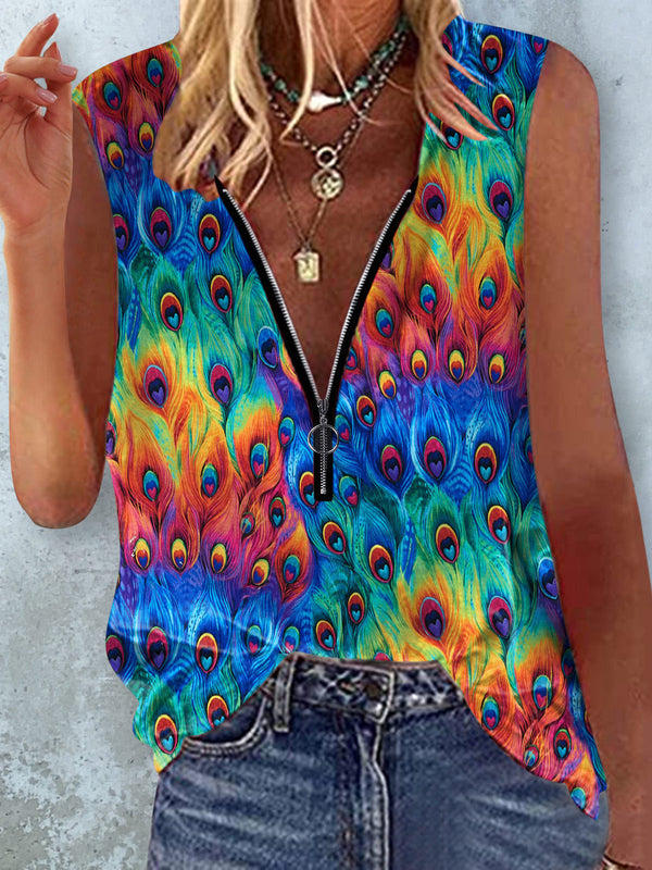 Women's Tank Tops Multicolor Printed V-Neck Zip Sleeveless Tank Top