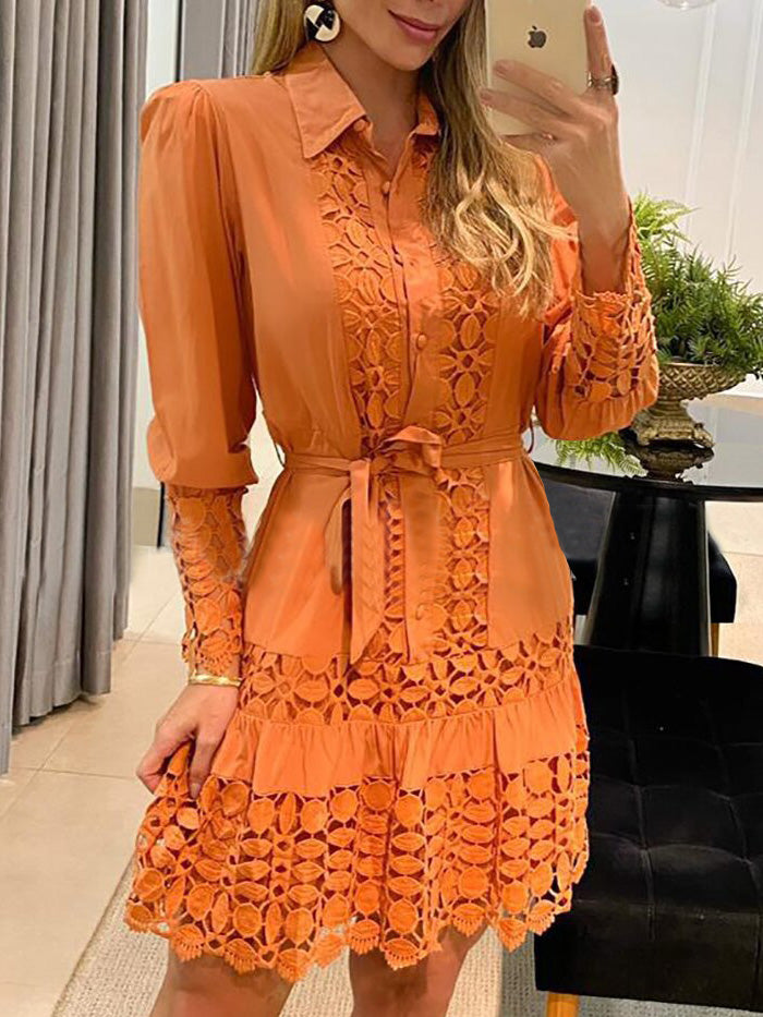 Women's Dresses Lace Hollow Lapel Long Sleeve Dress