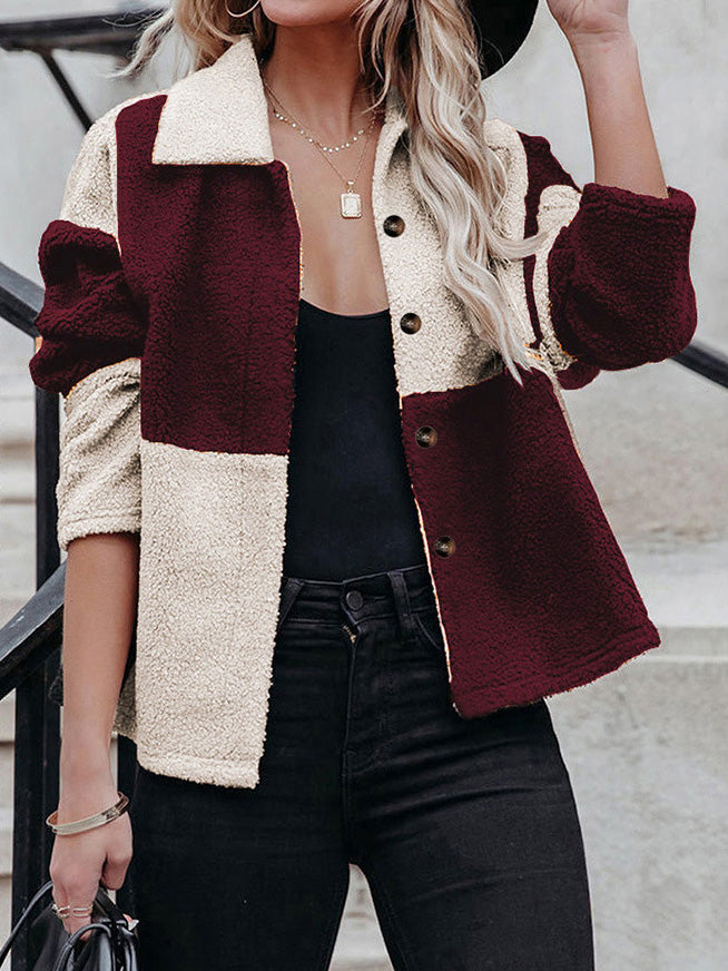 Women's Jackets Lapel Contrast Panel Long Sleeve Woolen Jacket