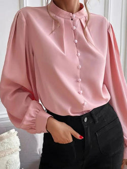 Women's Blouses Solid Lapel Button Long Sleeve Blouse