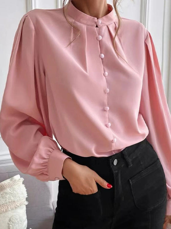 Women's Blouses Solid Lapel Button Long Sleeve Blouse