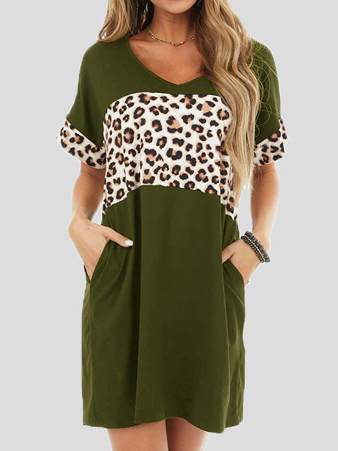 Women's Dresses Crew Neck Leopard Panel Pocket Casual Dress