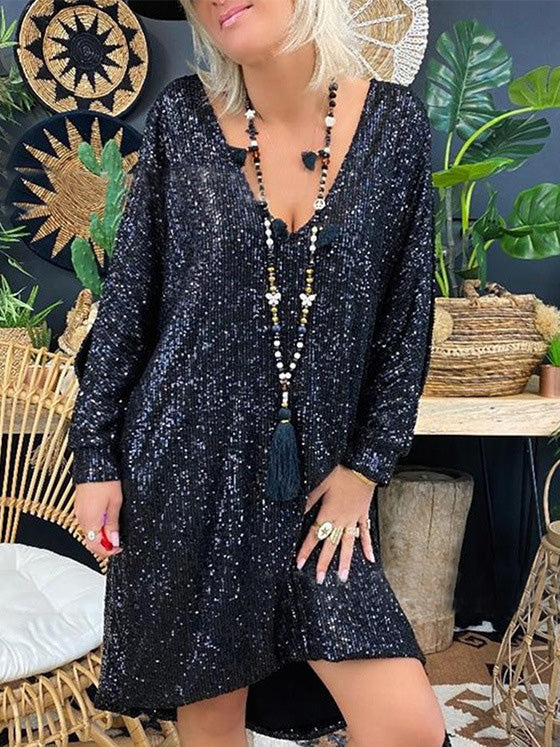 Women's Dresses Loose Sequin V-Neck Long Sleeve Dress