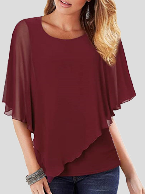 Women's T-Shirts Solid Flowy Short Sleeve Chiffon T-Shirt