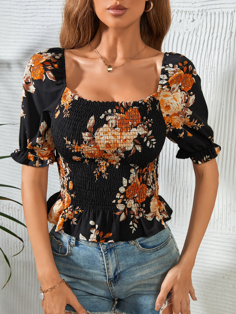 Women's Blouses Floral Print Square Neck Smock Blouse