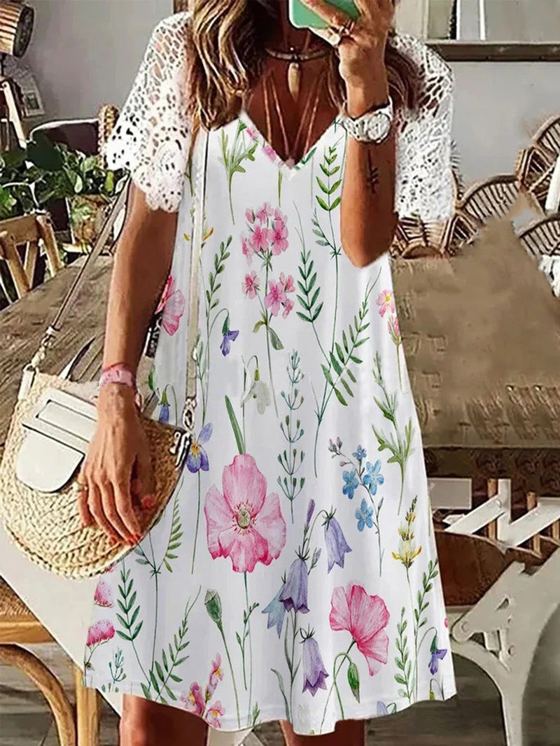 Women's Dresses V-Neck Lace Short Sleeve Print Dress