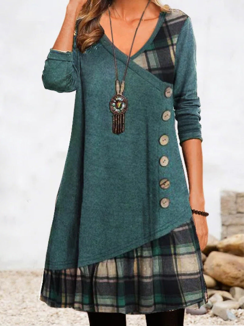 Women's Dresses Casual Check Paneled Button Long Sleeve Dress