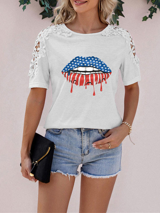 Women's T-Shirts Lips Printed Lace Panel Short Sleeve T-Shirt