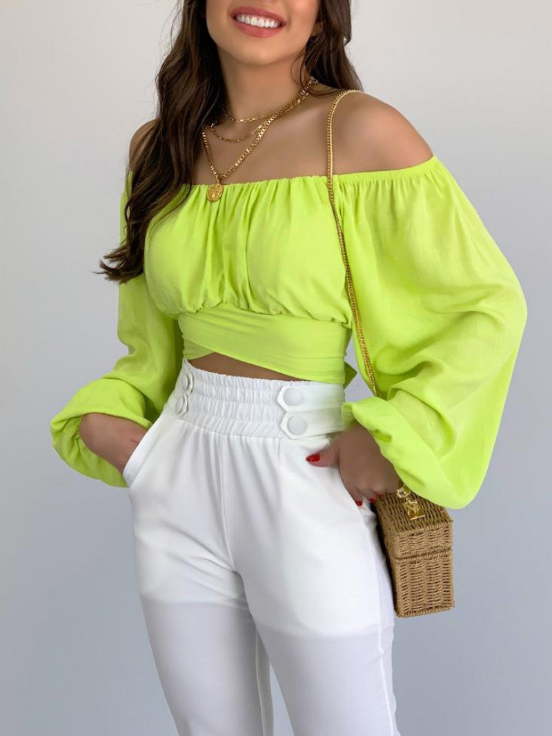 Women's Blouses One Word Collar Long Sleeve Crop Blouse