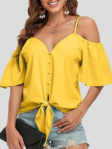 Women's Blouses Sling Single Breasted Knotted Off Shoulder Blouse