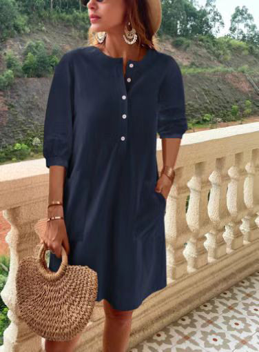 Women's Dresses Button Mid-Sleeve Pocket Casual Dress