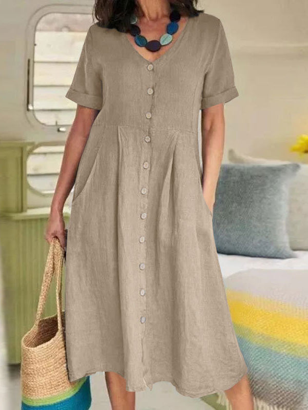 Women's Dresses V-Neck Button Short Sleeve Casual Dress