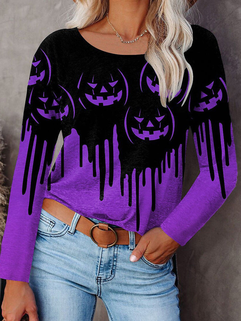 Women's T-Shirts Halloween Print Crew Neck Long Sleeve T-Shirt