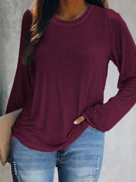 Women's T-Shirts Solid Round Neck Long Sleeve Casual T-Shirt