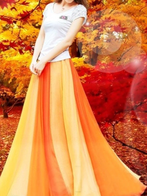 Women's Skirts Two-Tone Panel Long Chiffon Skirt