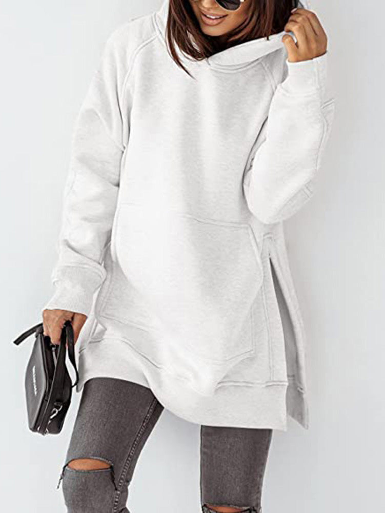 Women's Hoodies Solid Pocket Slit Long Sleeve Hoody