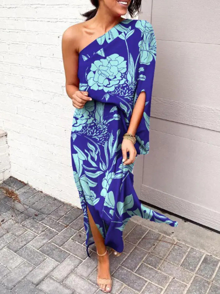 Women's Dresses Slanted Shoulder Print One Sleeve Dress