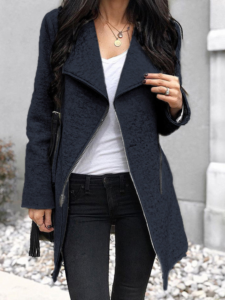 Women's Coats Solid Lapel Zip Long Sleeve Wool Coat