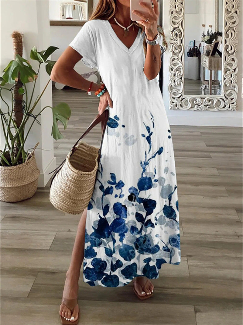 Women's Dresses Printed V-Neck Short Sleeve Slit Dress