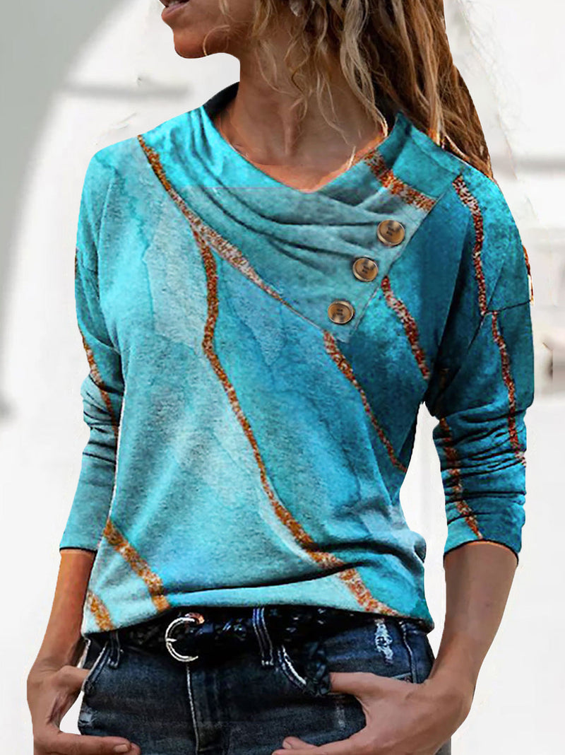 Women's T-Shirts V-Neck Button Print Long Sleeve T-Shirt