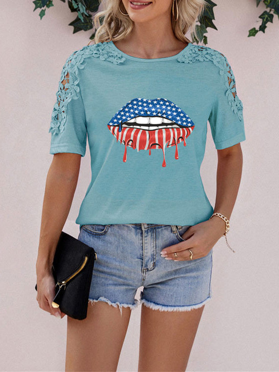 Women's T-Shirts Lips Printed Lace Panel Short Sleeve T-Shirt