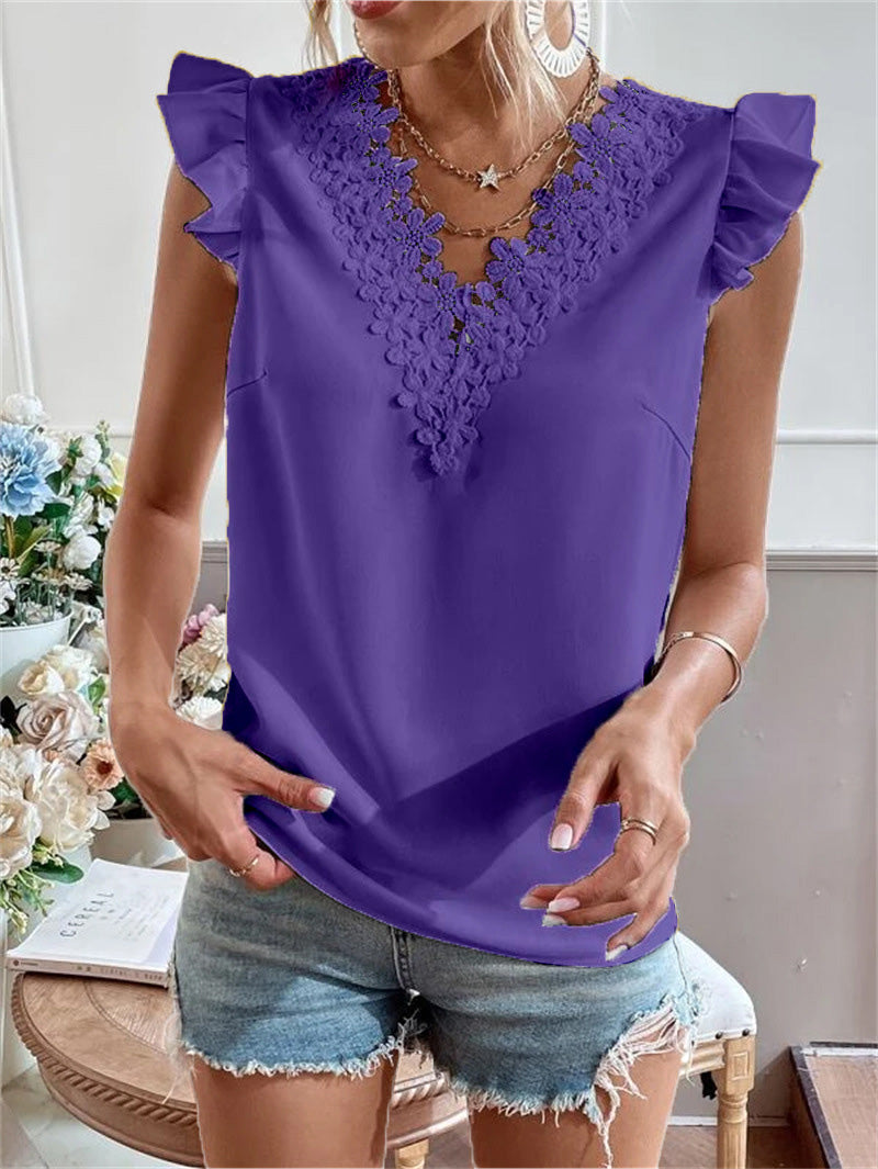 Women's Tank Tops V-Neck Lace Ruffle Sleeve Tank Top