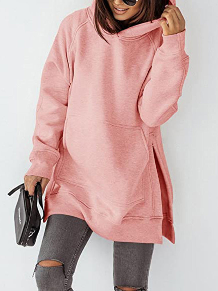 Women's Hoodies Solid Pocket Slit Long Sleeve Hoody