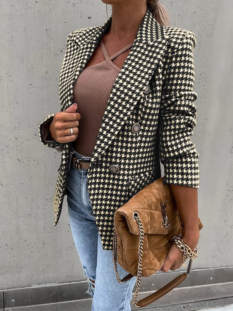 Women's Blazers Houndstooth Print Lapel Button Slim Blazer